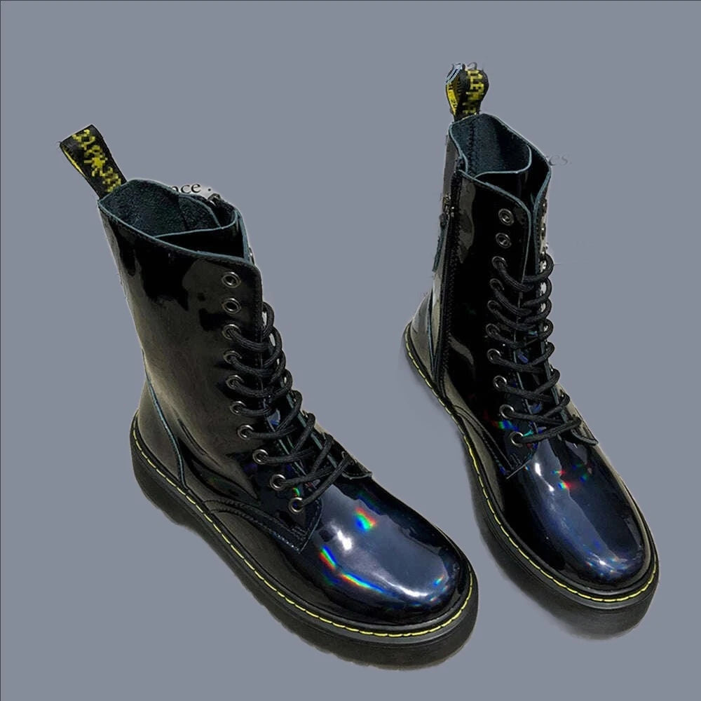 KIMLUD, Iridescent Laser Patent Leather Lace Up Martin Boots Women Fashion Style Thick Bottom Motorcycle Cool Mid Calf Winter Shoes, KIMLUD Womens Clothes