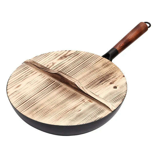 KIMLUD, Iron Wok High Quality Traditional Cookware Iron Wok Non-stick Pan Non-coating Pan Kitchen Cookware, Wok with wood lid, KIMLUD Womens Clothes