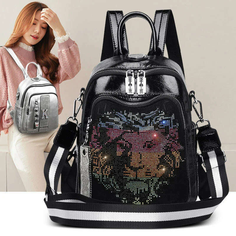 Cowhide Leather Sequined Backpack