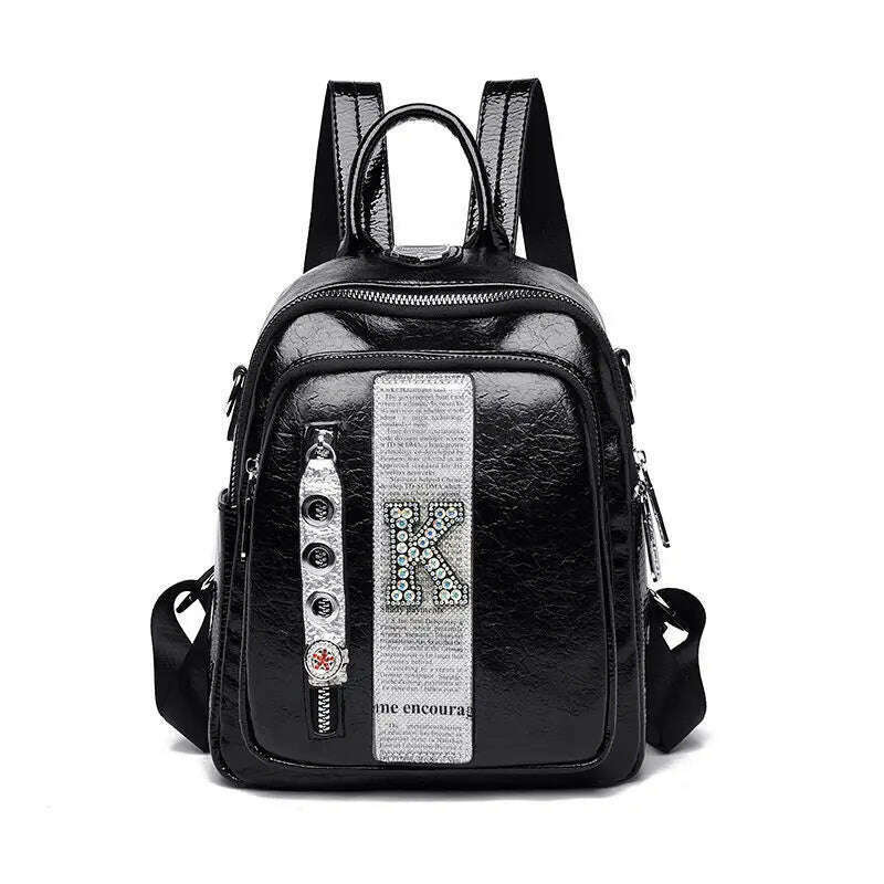 KIMLUD, Ita Cowhide Leather Backpack For Women Branded 2021 Diamond K letter School Bag IT Rivet Sequins Backpack Rhinestone Bagpack IT, Black Diamond k, KIMLUD Womens Clothes