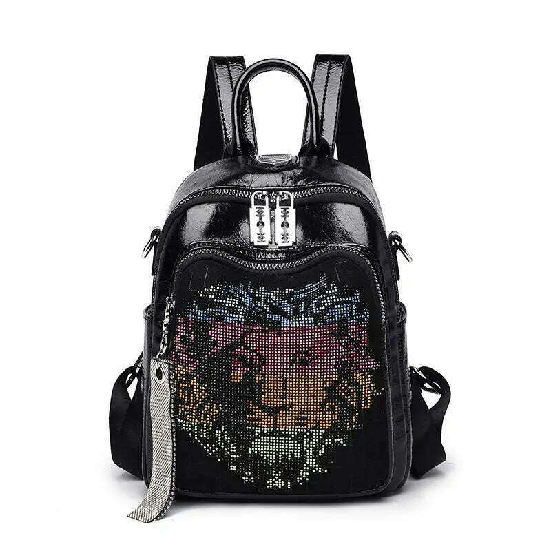 KIMLUD, Ita Cowhide Leather Backpack For Women Branded 2021 Diamond K letter School Bag IT Rivet Sequins Backpack Rhinestone Bagpack IT, Black Lion, KIMLUD Womens Clothes
