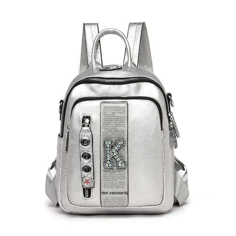 KIMLUD, Ita Cowhide Leather Backpack For Women Branded 2021 Diamond K letter School Bag IT Rivet Sequins Backpack Rhinestone Bagpack IT, Silver Diamond k, KIMLUD Womens Clothes