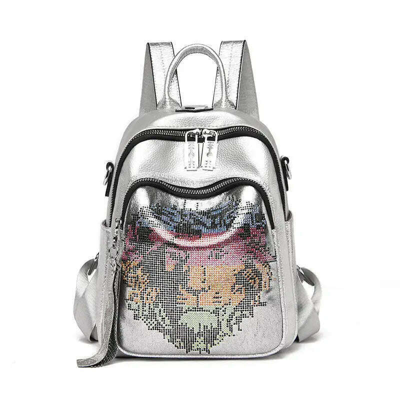 KIMLUD, Ita Cowhide Leather Backpack For Women Branded 2021 Diamond K letter School Bag IT Rivet Sequins Backpack Rhinestone Bagpack IT, Silver Lion, KIMLUD Womens Clothes
