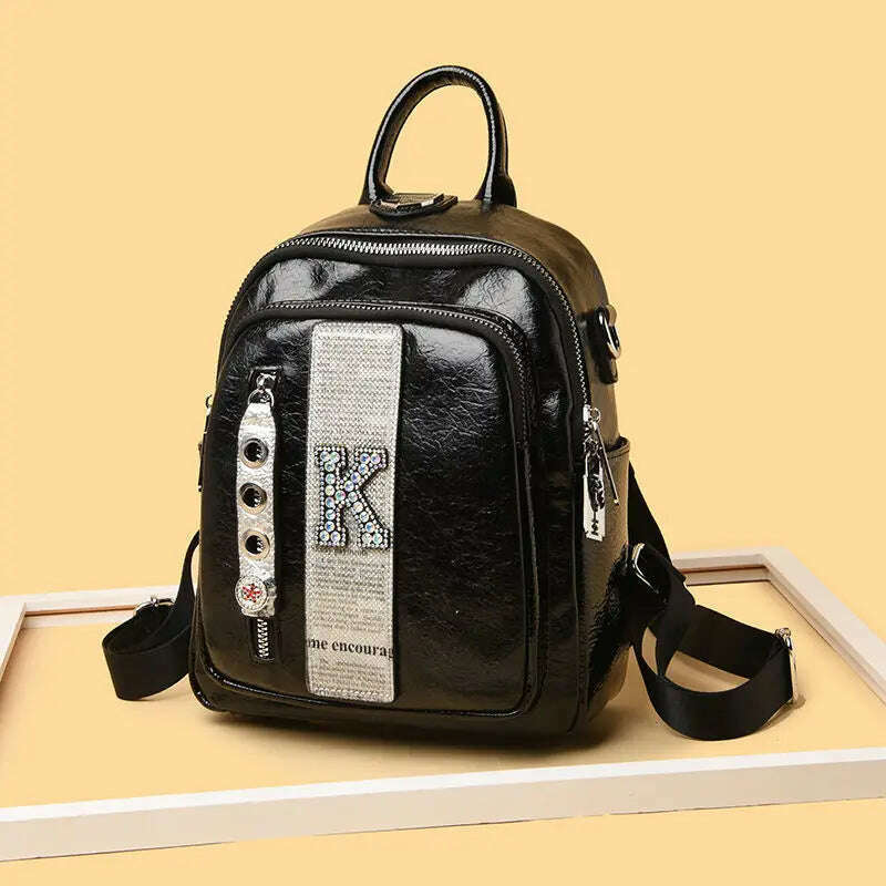 KIMLUD, Ita Cowhide Leather Backpack For Women Branded 2021 Diamond K letter School Bag IT Rivet Sequins Backpack Rhinestone Bagpack IT, KIMLUD Womens Clothes
