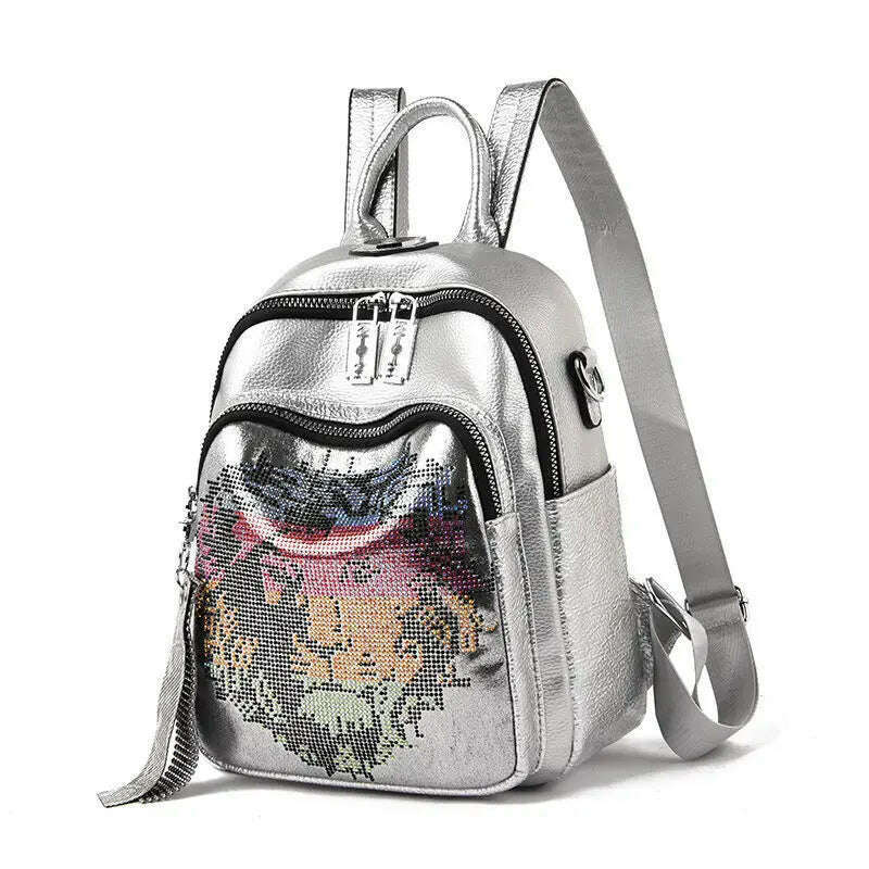 KIMLUD, Ita Cowhide Leather Backpack For Women Branded 2021 Diamond K letter School Bag IT Rivet Sequins Backpack Rhinestone Bagpack IT, KIMLUD Womens Clothes