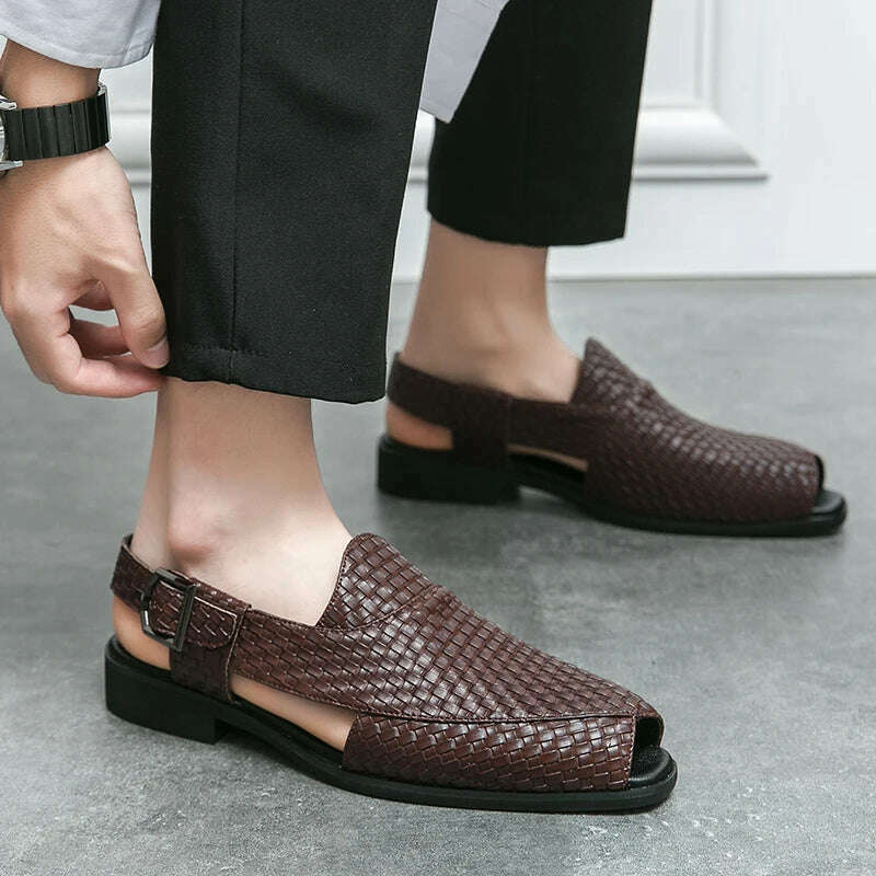 KIMLUD, Italian Style Fashion Solid Color Leather Sandals for Men Business Dress Sandals Handmade Comfort Shoes Men Sandalias Breathable, KIMLUD Women's Clothes