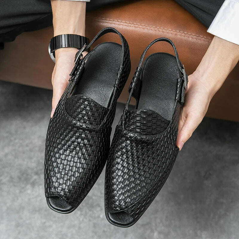 KIMLUD, Italian Style Fashion Solid Color Leather Sandals for Men Business Dress Sandals Handmade Comfort Shoes Men Sandalias Breathable, black / 38, KIMLUD Women's Clothes
