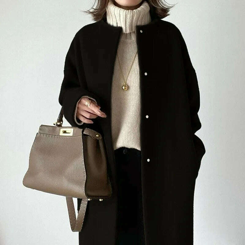 KIMLUD, Japanese Korean OVercoat 2021 Winter  Fashion Light Nature Wind Loose Mid-length Patchwork Pocket  Office Lady Elegant Thin Coat, black / One Size, KIMLUD APPAREL - Womens Clothes