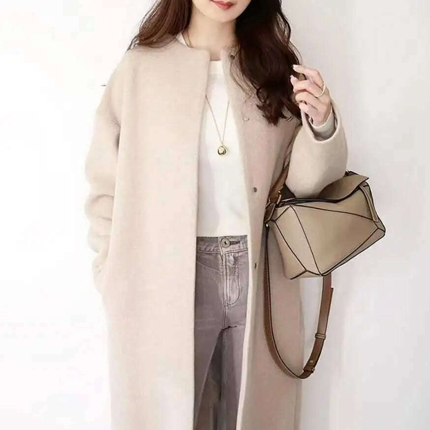 Japanese Korean OVercoat 2021 Winter  Fashion Light Nature Wind Loose Mid-length Patchwork Pocket  Office Lady Elegant Thin Coat, Apricot color / One Size, KIMLUD Women's Clothes