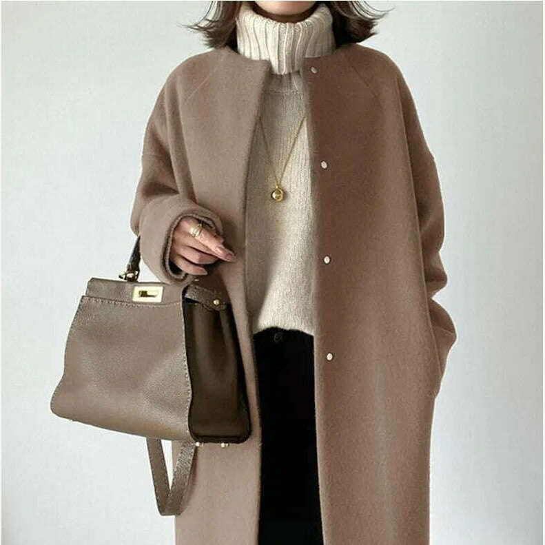 KIMLUD, Japanese Korean OVercoat 2021 Winter  Fashion Light Nature Wind Loose Mid-length Patchwork Pocket  Office Lady Elegant Thin Coat, Coffee color / One Size, KIMLUD Womens Clothes
