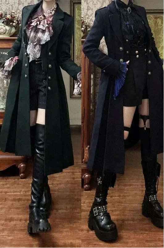 Japanese Retro Dark Long Trench Coat British Style Gothic Handsome Knight Outfit Lolita Sweet Long-sleeved Slimming Jacket - KIMLUD