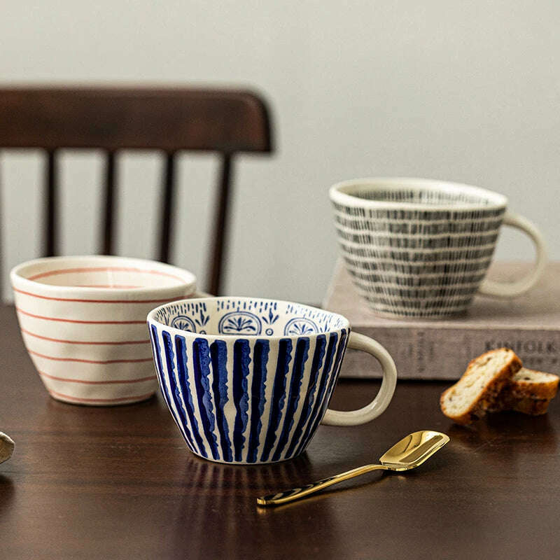 KIMLUD, Japanese Style Irregular Hand-Painted Striped Ceramic Coffee Mug Large Capacity 400ml Drinkware Water Cup Oatmeal Cup Tea Cup, KIMLUD Womens Clothes