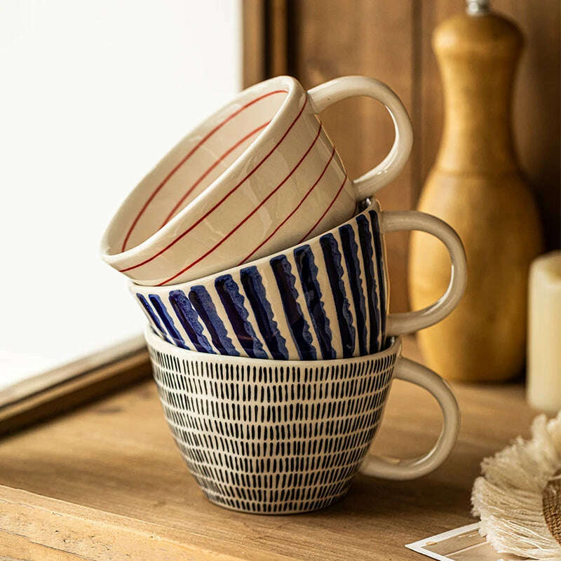 KIMLUD, Japanese Style Irregular Hand-Painted Striped Ceramic Coffee Mug Large Capacity 400ml Drinkware Water Cup Oatmeal Cup Tea Cup, KIMLUD Womens Clothes