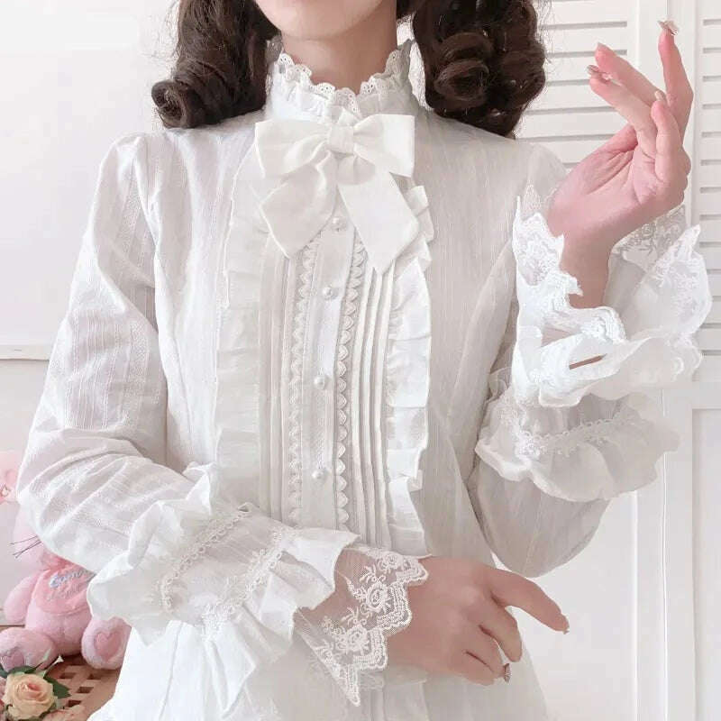KIMLUD, Japanese Sweet Lolita Style Blouse Women Elegant Lace Ruffles Flare Sleeve JK Shirts Vintage Girls Cute White Tops Blusas Mujer, WHITE / S, KIMLUD Women's Clothes