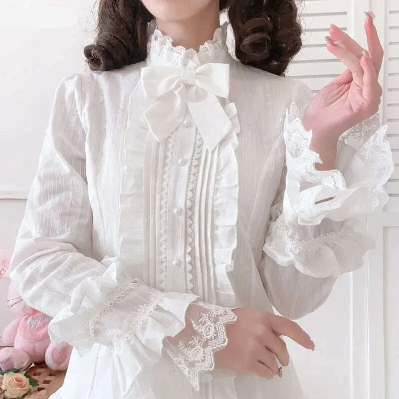 KIMLUD, Japanese Sweet Lolita Style Blouse Women Elegant Lace Ruffles Flare Sleeve JK Shirts Vintage Girls Cute White Tops Blusas Mujer, WHITE / S, KIMLUD APPAREL - Womens Clothes