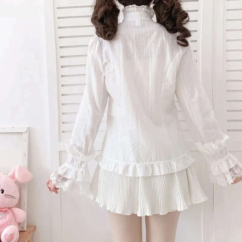 KIMLUD, Japanese Sweet Lolita Style Blouse Women Elegant Lace Ruffles Flare Sleeve JK Shirts Vintage Girls Cute White Tops Blusas Mujer, KIMLUD Women's Clothes
