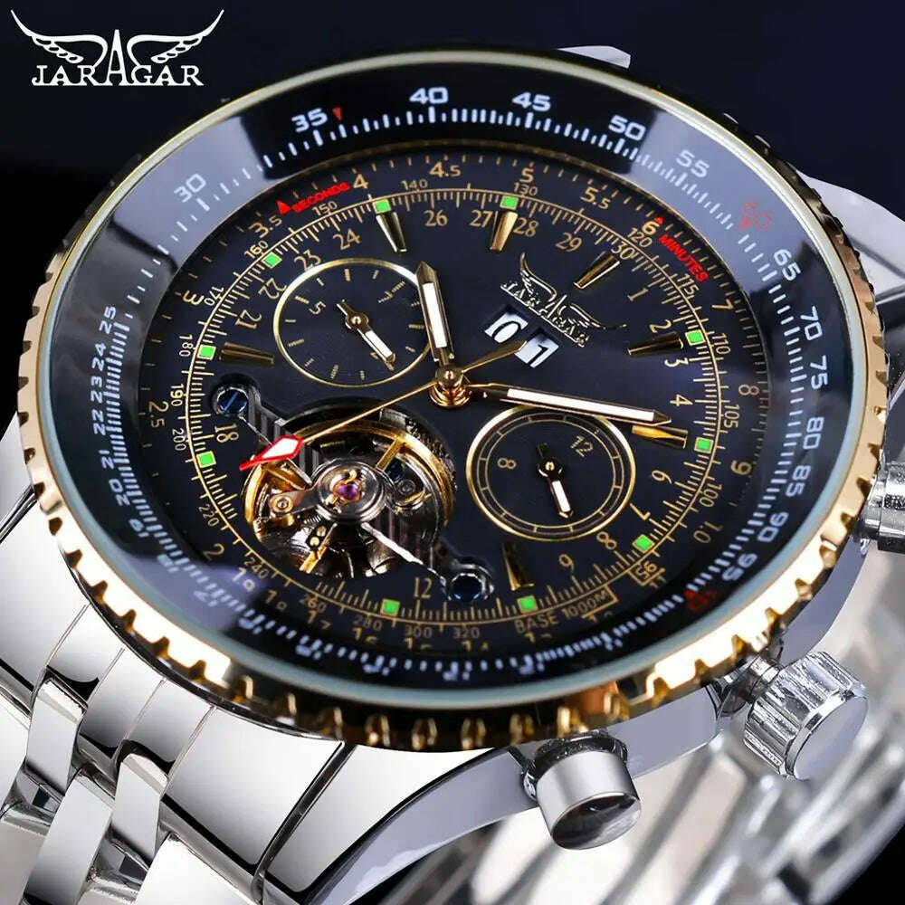 KIMLUD, Jaragar 2017 Flying Series Golden Bezel Scale Dial Design Stainless Steel Mens Watch Top Brand Luxury Automatic Mechanical Watch, KIMLUD Womens Clothes