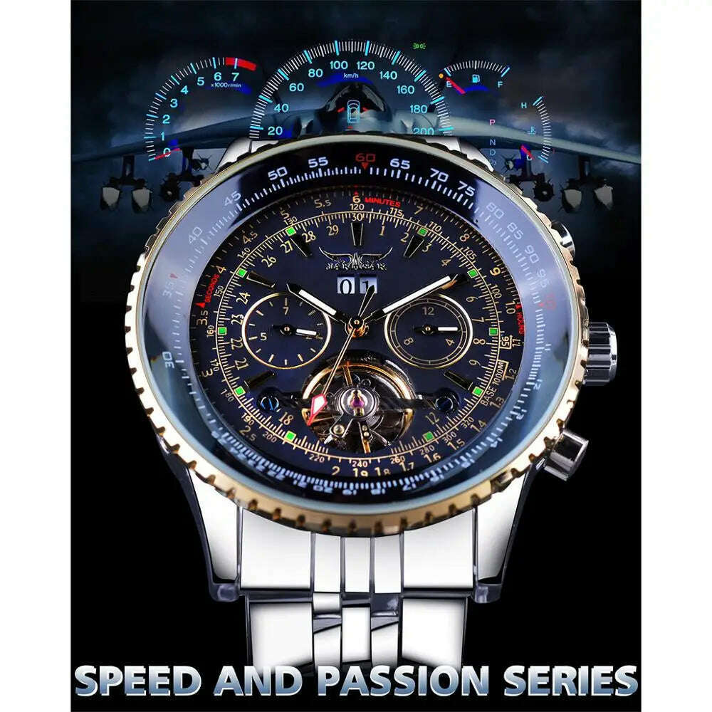 KIMLUD, Jaragar 2017 Flying Series Golden Bezel Scale Dial Design Stainless Steel Mens Watch Top Brand Luxury Automatic Mechanical Watch, KIMLUD Womens Clothes