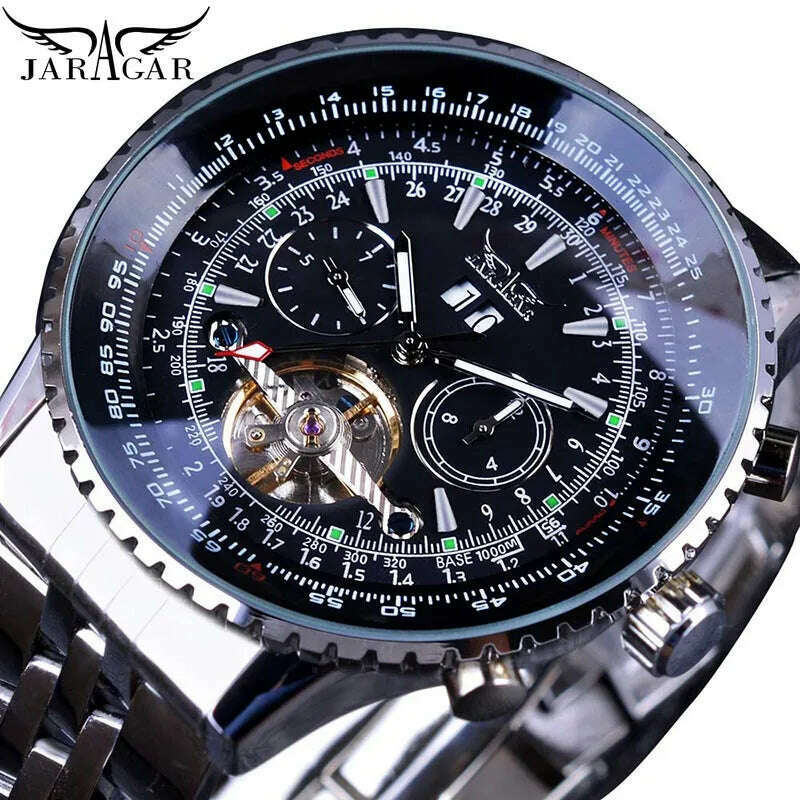 KIMLUD, Jaragar 2017 Flying Series Golden Bezel Scale Dial Design Stainless Steel Mens Watch Top Brand Luxury Automatic Mechanical Watch, GMT976-6, KIMLUD APPAREL - Womens Clothes