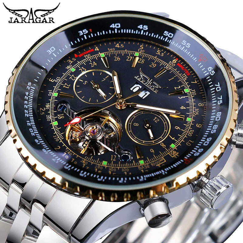 KIMLUD, Jaragar 2017 Flying Series Golden Bezel Scale Dial Design Stainless Steel Mens Watch Top Brand Luxury Automatic Mechanical Watch, GMT976, KIMLUD APPAREL - Womens Clothes