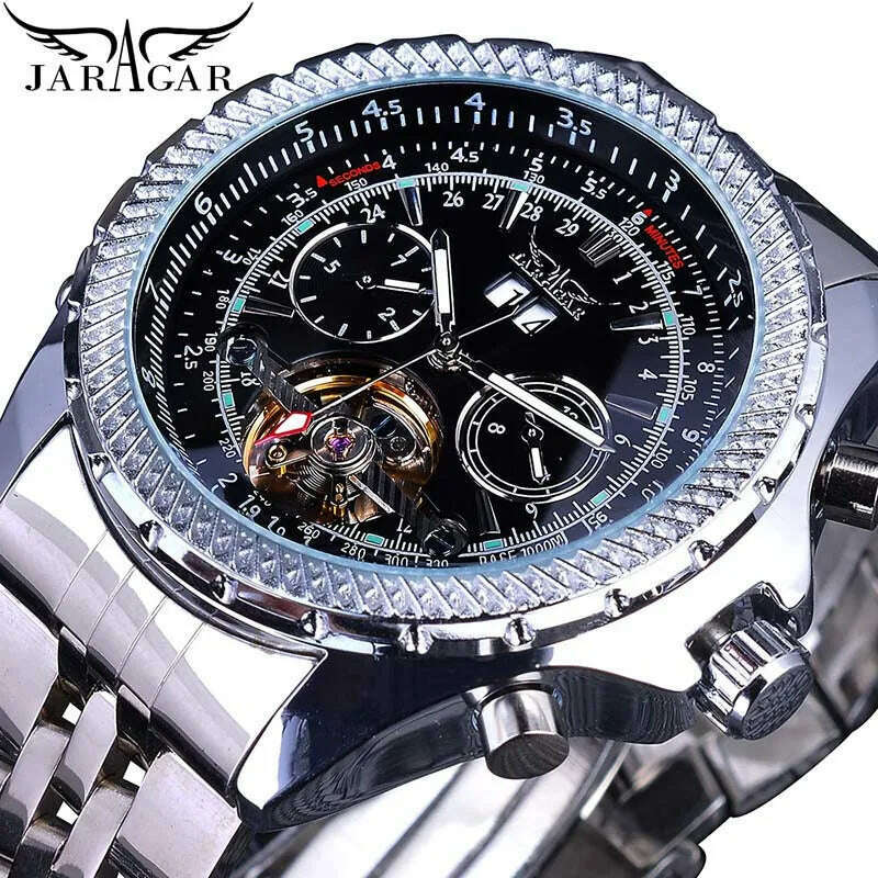 KIMLUD, Jaragar 2017 Flying Series Golden Bezel Scale Dial Design Stainless Steel Mens Watch Top Brand Luxury Automatic Mechanical Watch, GMT1105-6, KIMLUD APPAREL - Womens Clothes