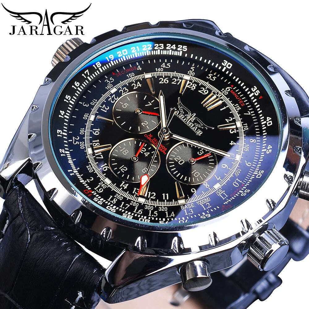 KIMLUD, Jaragar Automatic Mechanical Calendar Sport Watches Pilot Design Men's Wrist Watch Top Brand Luxury Fashion Male Leather, Black, KIMLUD Womens Clothes