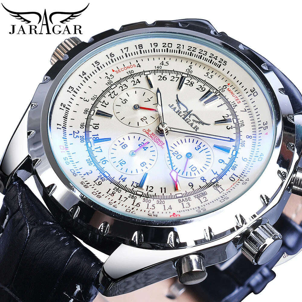 KIMLUD, Jaragar Automatic Mechanical Calendar Sport Watches Pilot Design Men's Wrist Watch Top Brand Luxury Fashion Male Leather, White, KIMLUD Womens Clothes