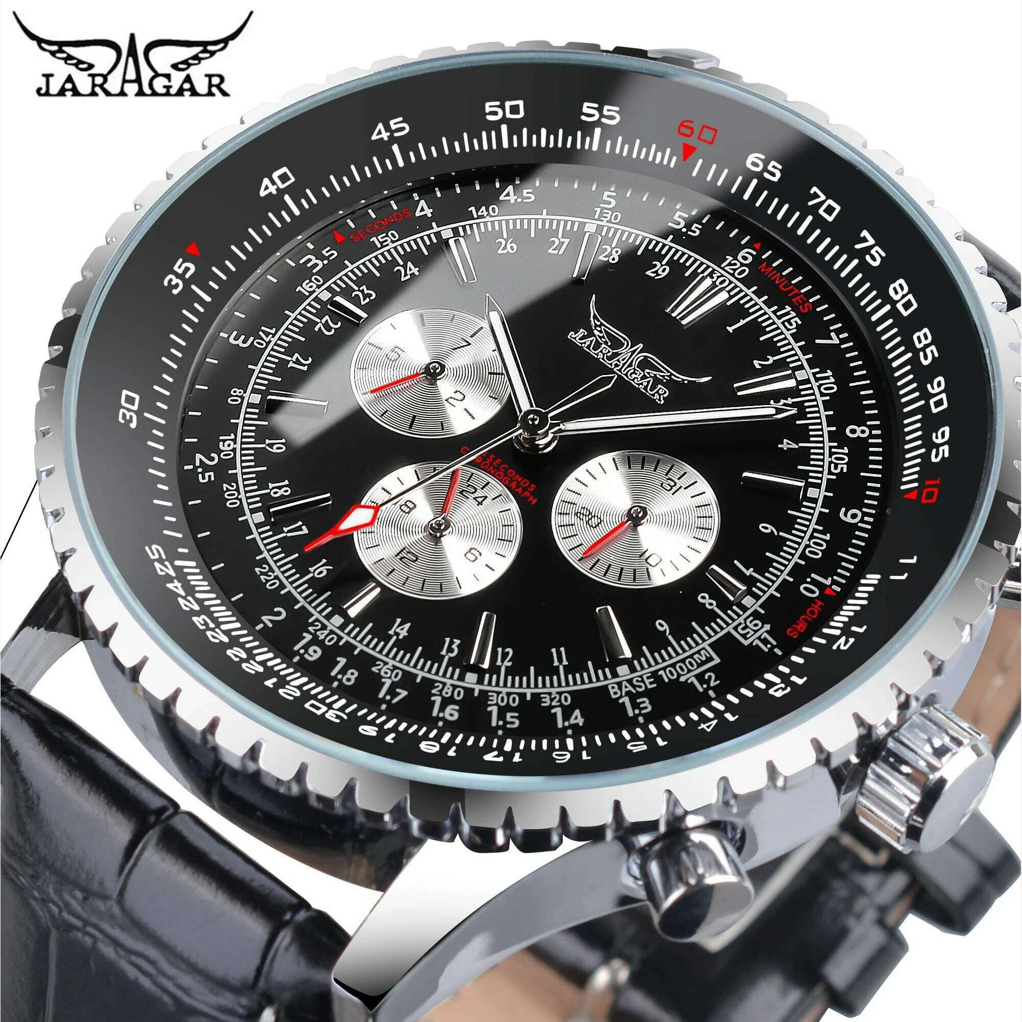 KIMLUD, Jaragar AVIGATOR Series 3 Dial Black Genuine Leather Belt Fashion Men Military Automatic Mechanical Watch Top Brand Luxury Watch, Default Title, KIMLUD APPAREL - Womens Clothes