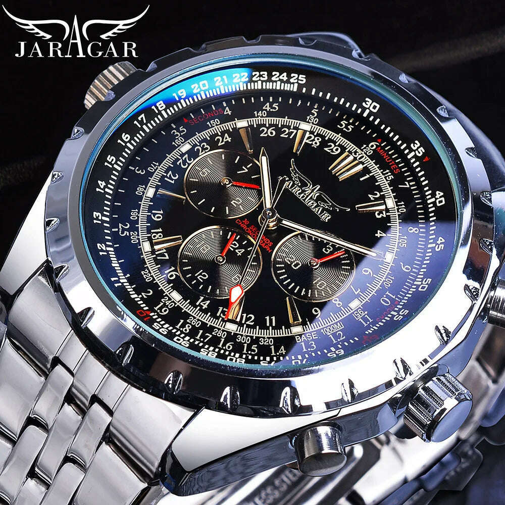 KIMLUD, Jaragar Blue Glass Design Black Silver Automatic Watch Stainless Steel Date Clock Luminous Men Business Mechanical Wristwatch, KIMLUD Womens Clothes