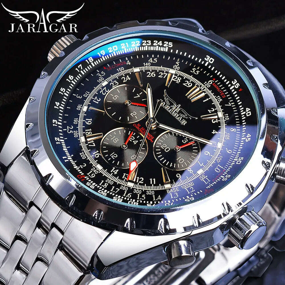 KIMLUD, Jaragar Blue Glass Design Black Silver Automatic Watch Stainless Steel Date Clock Luminous Men Business Mechanical Wristwatch, KIMLUD Women's Clothes