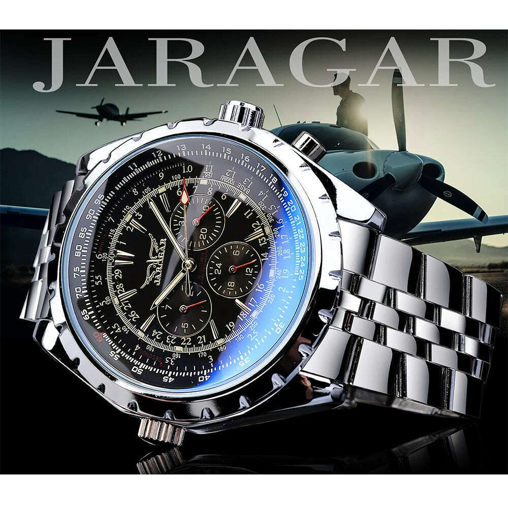 KIMLUD, Jaragar Blue Glass Design Black Silver Automatic Watch Stainless Steel Date Clock Luminous Men Business Mechanical Wristwatch, KIMLUD Womens Clothes