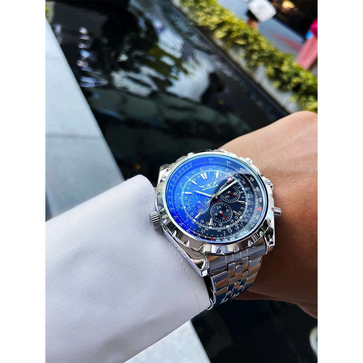 KIMLUD, Jaragar Blue Glass Design Black Silver Automatic Watch Stainless Steel Date Clock Luminous Men Business Mechanical Wristwatch, KIMLUD Women's Clothes