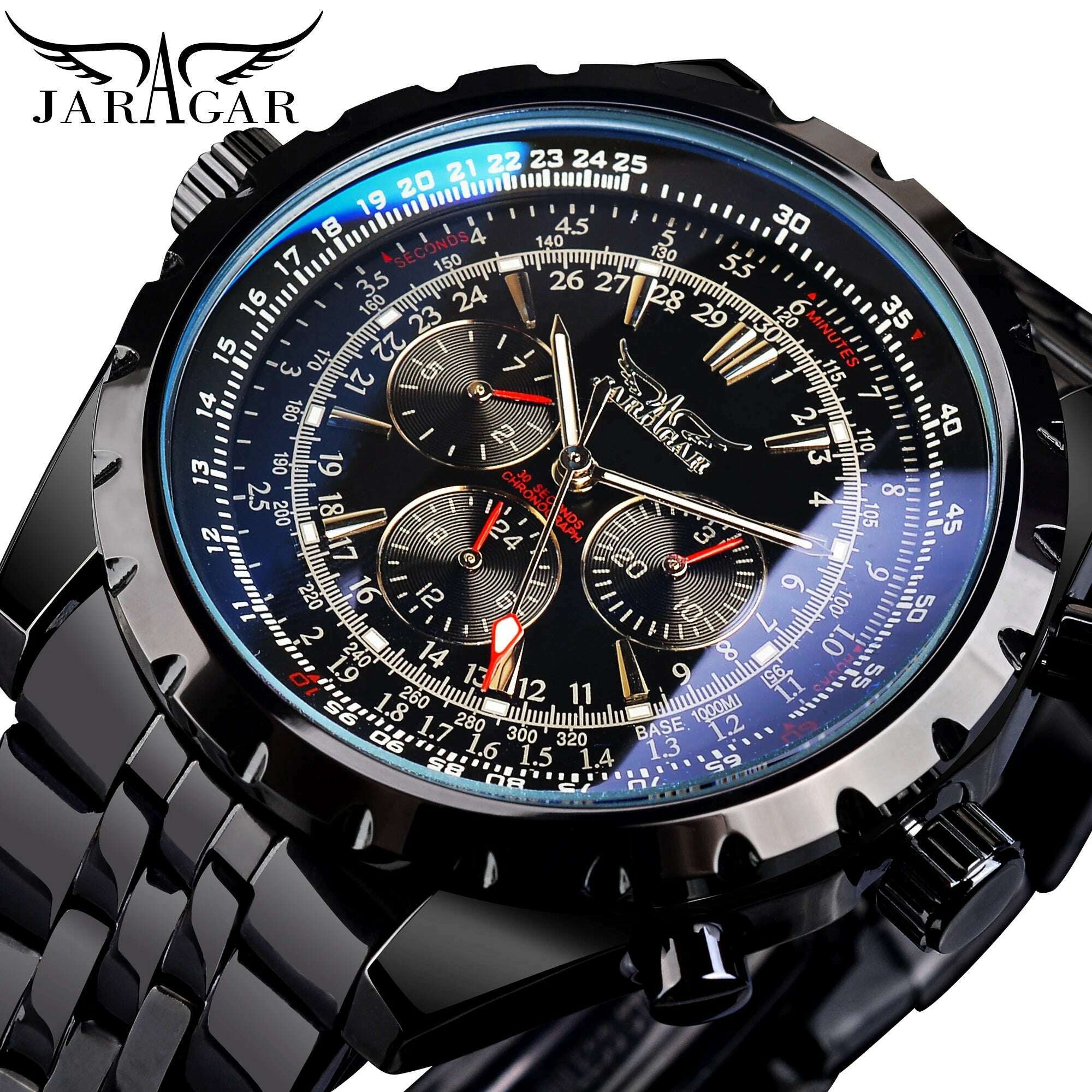 KIMLUD, Jaragar Blue Glass Design Black Silver Automatic Watch Stainless Steel Date Clock Luminous Men Business Mechanical Wristwatch, S1144-9, KIMLUD Womens Clothes