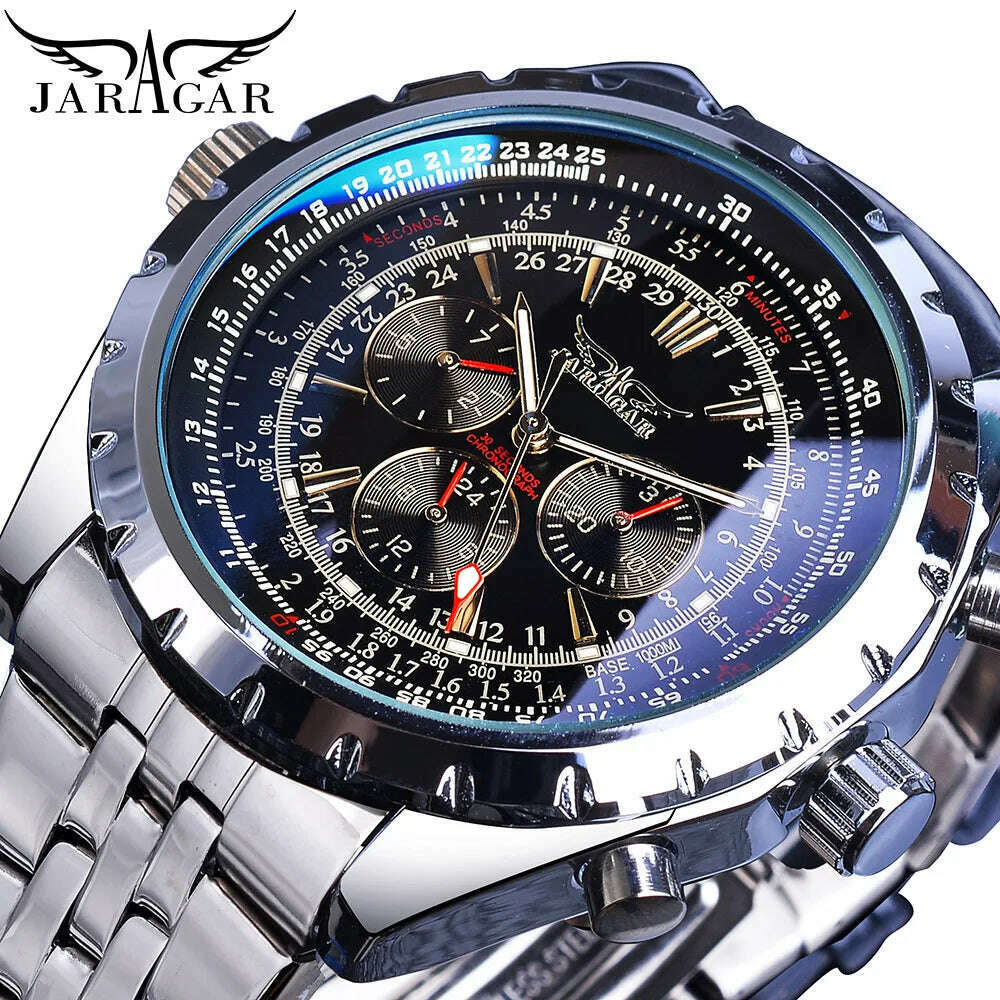 KIMLUD, Jaragar Blue Glass Design Black Silver Automatic Watch Stainless Steel Date Clock Luminous Men Business Mechanical Wristwatch, S1144-2, KIMLUD Women's Clothes