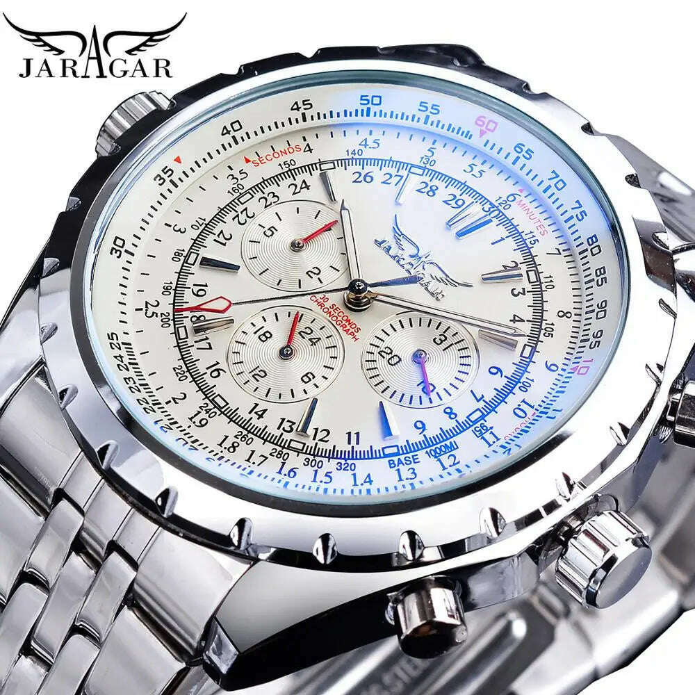 KIMLUD, Jaragar Blue Glass Design Black Silver Automatic Watch Stainless Steel Date Clock Luminous Men Business Mechanical Wristwatch, S1144-3, KIMLUD Women's Clothes