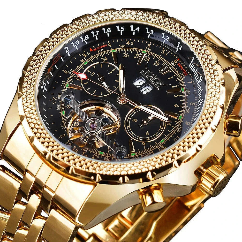 KIMLUD, Jaragar Men&#39;s Golden Automatic Self-Wind Watch Big Dial Calendar Function Relogio Masculino Mechanical Watches Steel Strap Clock, GMT1105-2, KIMLUD Womens Clothes