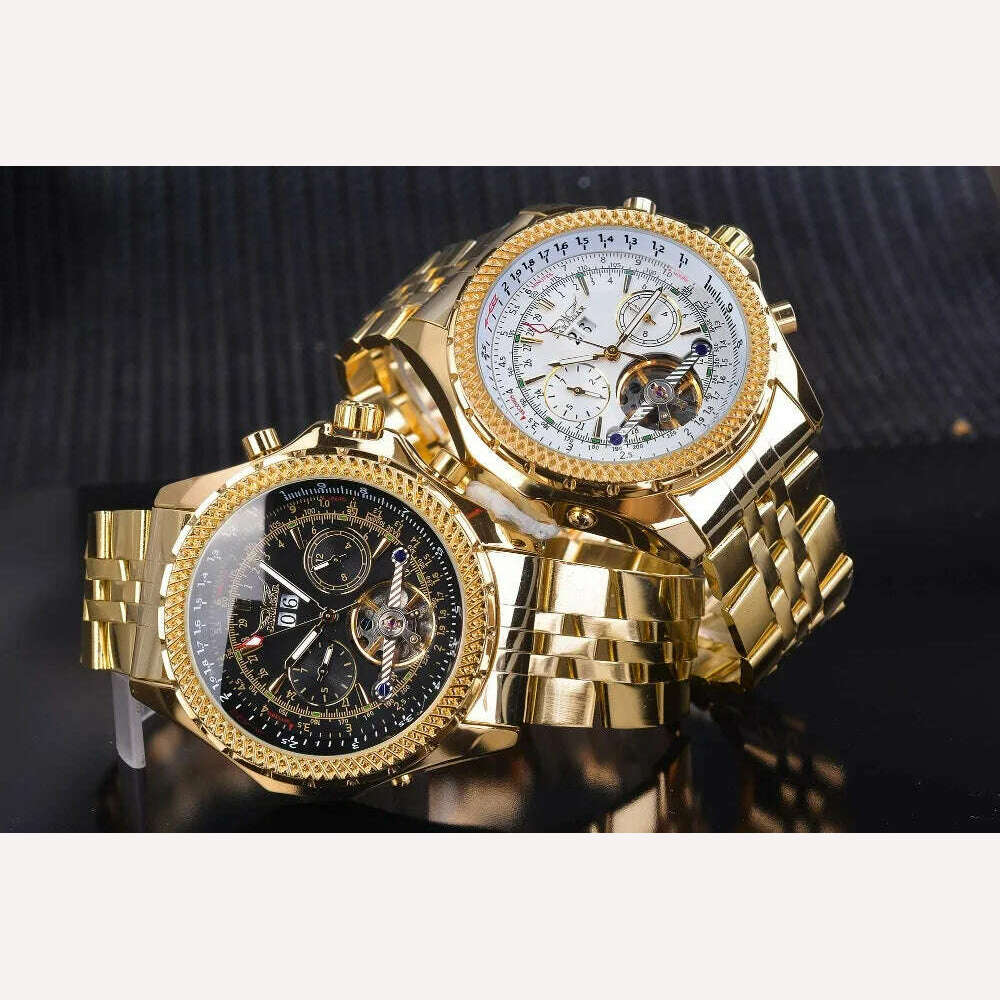 KIMLUD, Jaragar Men&#39;s Golden Automatic Self-Wind Watch Big Dial Calendar Function Relogio Masculino Mechanical Watches Steel Strap Clock, KIMLUD Womens Clothes