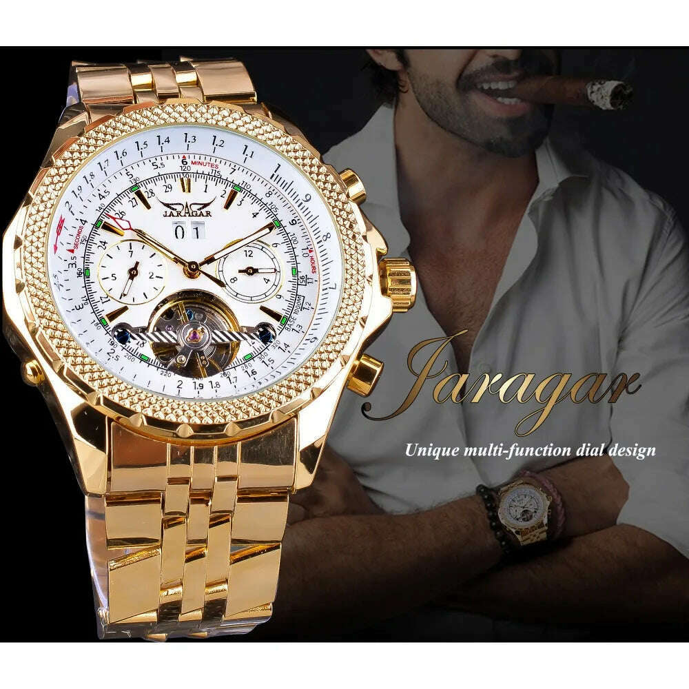 KIMLUD, Jaragar Men's Golden Automatic Self-Wind Watch Big Dial Calendar Function Relogio Masculino Mechanical Watches Steel Strap Clock, KIMLUD Women's Clothes