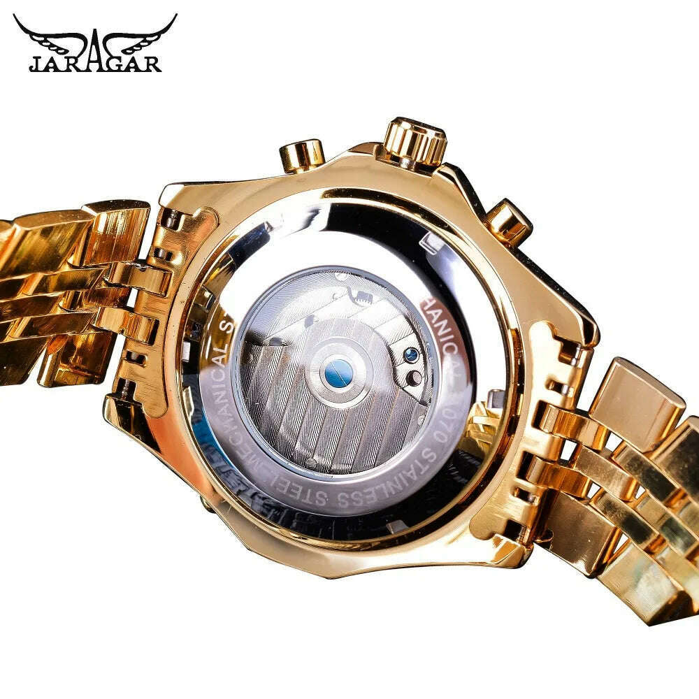KIMLUD, Jaragar Men's Golden Automatic Self-Wind Watch Big Dial Calendar Function Relogio Masculino Mechanical Watches Steel Strap Clock, KIMLUD Womens Clothes