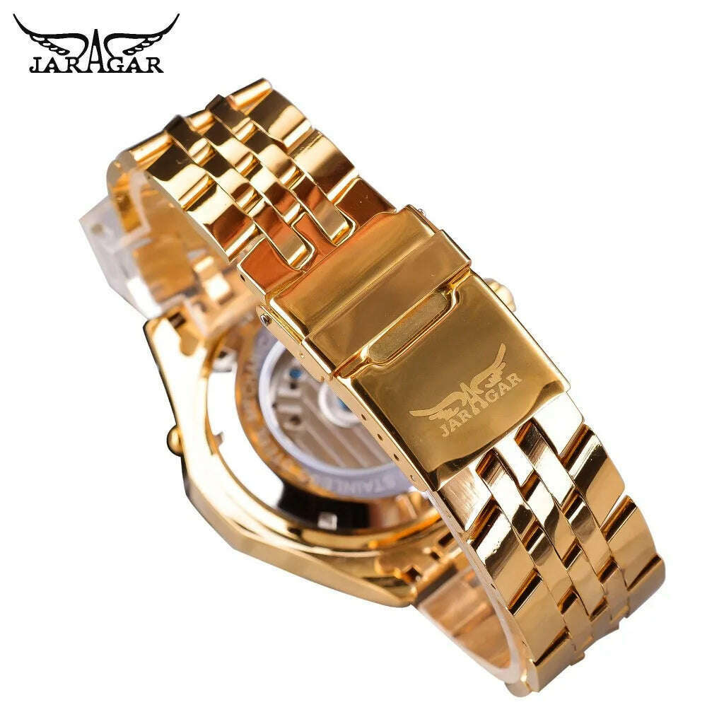KIMLUD, Jaragar Men's Golden Automatic Self-Wind Watch Big Dial Calendar Function Relogio Masculino Mechanical Watches Steel Strap Clock, KIMLUD Women's Clothes