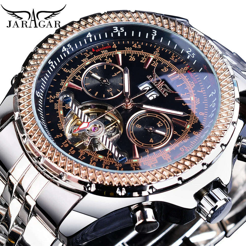 KIMLUD, Jaragar Men's Golden Automatic Self-Wind Watch Big Dial Calendar Function Relogio Masculino Mechanical Watches Steel Strap Clock, GMT1105-7, KIMLUD Women's Clothes