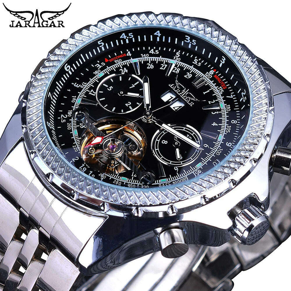 KIMLUD, Jaragar Men's Golden Automatic Self-Wind Watch Big Dial Calendar Function Relogio Masculino Mechanical Watches Steel Strap Clock, GMT1105-6, KIMLUD Women's Clothes