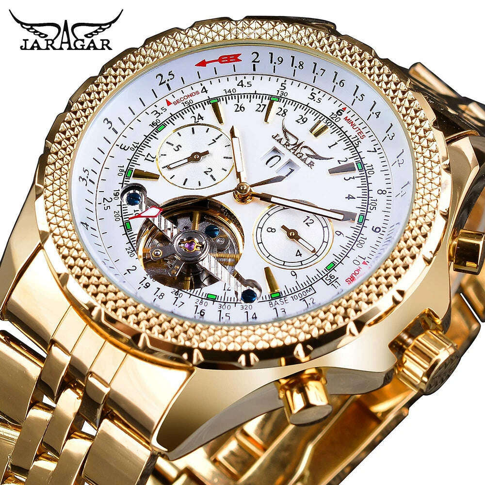 KIMLUD, Jaragar Men's Golden Automatic Self-Wind Watch Big Dial Calendar Function Relogio Masculino Mechanical Watches Steel Strap Clock, GMT1105-1, KIMLUD Women's Clothes
