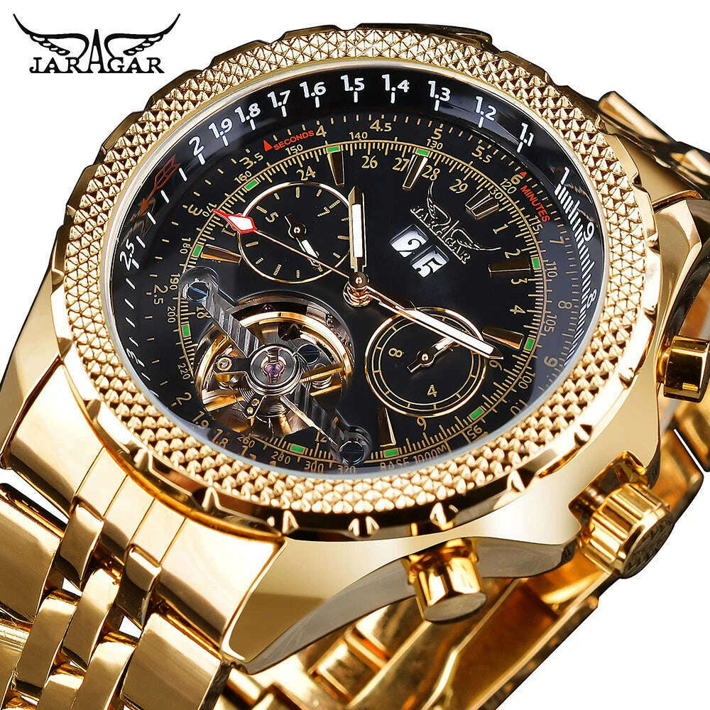 KIMLUD, Jaragar Men's Golden Automatic Self-Wind Watch Big Dial Calendar Function Relogio Masculino Mechanical Watches Steel Strap Clock, GMT1105-2, KIMLUD Womens Clothes