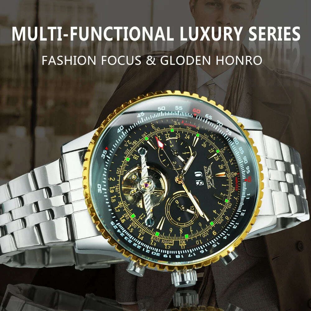 KIMLUD, Jaragar Military Sports Automatic Watch for Men Multifunction Dial Tourbillon Skeleton Mechanical Watches Luxury Steel Band Glow, KIMLUD Womens Clothes