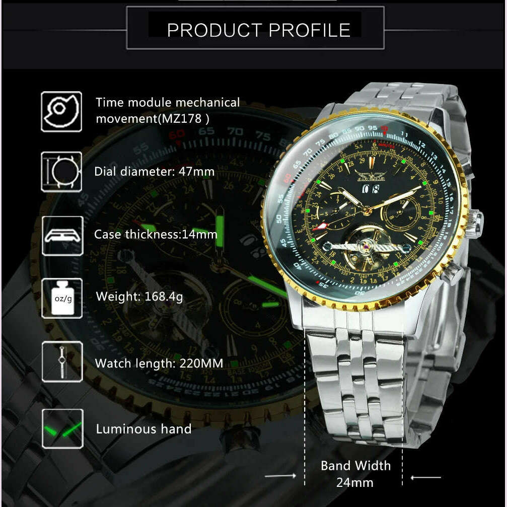 KIMLUD, Jaragar Military Sports Automatic Watch for Men Multifunction Dial Tourbillon Skeleton Mechanical Watches Luxury Steel Band Glow, KIMLUD Womens Clothes