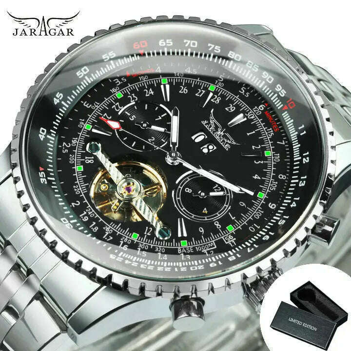 KIMLUD, Jaragar Military Sports Automatic Watch for Men Multifunction Dial Tourbillon Skeleton Mechanical Watches Luxury Steel Band Glow, BOX SILVER BLACK, KIMLUD APPAREL - Womens Clothes