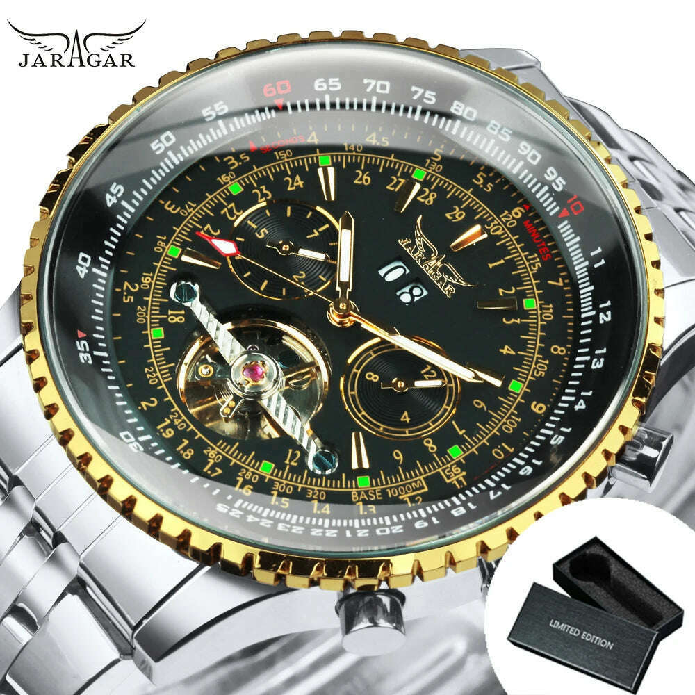 KIMLUD, Jaragar Military Sports Automatic Watch for Men Multifunction Dial Tourbillon Skeleton Mechanical Watches Luxury Steel Band Glow, BOX GOLDEN BLACK, KIMLUD APPAREL - Womens Clothes