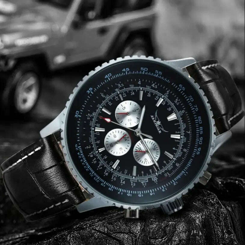 Jaragar Pilot Watch for Men Fashion Multifunction Three Dials Sports Automatic Mechanical Watches Black Leather Strap Luminous - KIMLUD