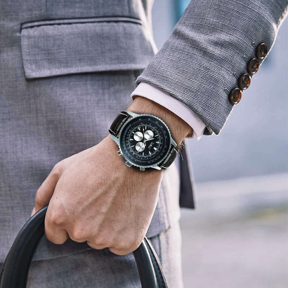 Jaragar Pilot Watch for Men Fashion Multifunction Three Dials Sports Automatic Mechanical Watches Black Leather Strap Luminous - KIMLUD